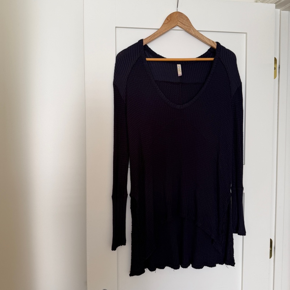 Free People Navy Blue Waffle Knit Long Sleeve Tunic Top Sunset Park Thermal XS